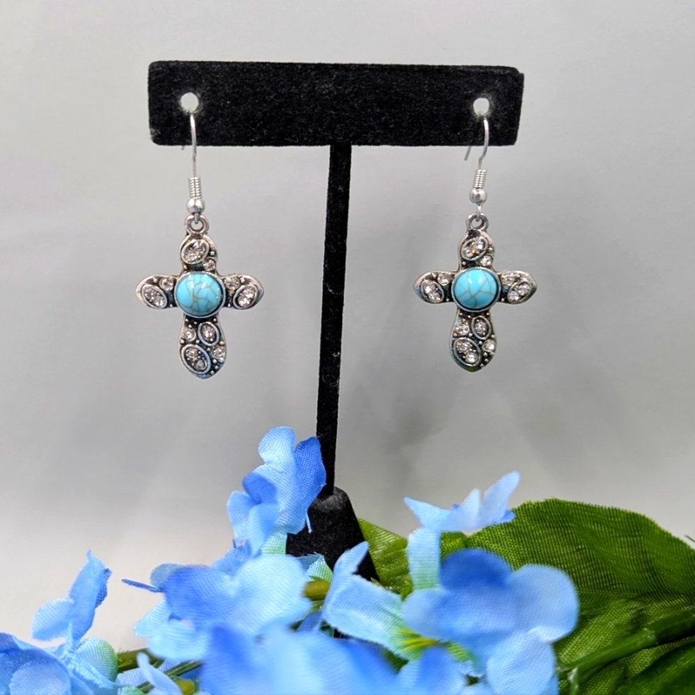 Cute Vintage Turquoise Stone And Crystal Cross Drop Earrings